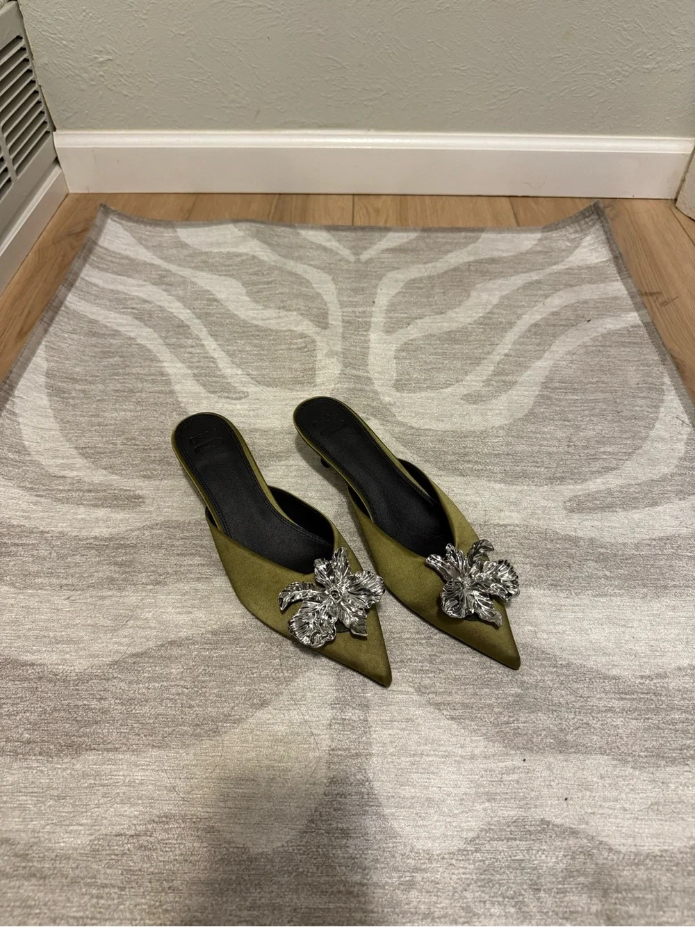 ASOS Olive Green Pointed Flats with Silver Floral Ornaments